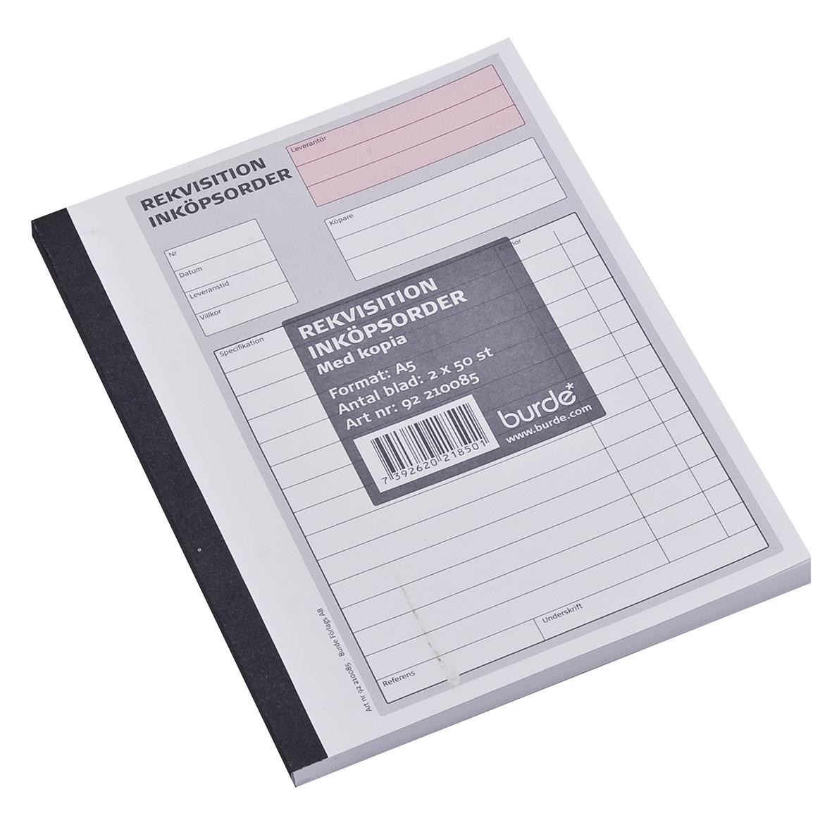 Rekvisitionsblock med 50 sidor, A5, obumererad, kopierad, svart rygg