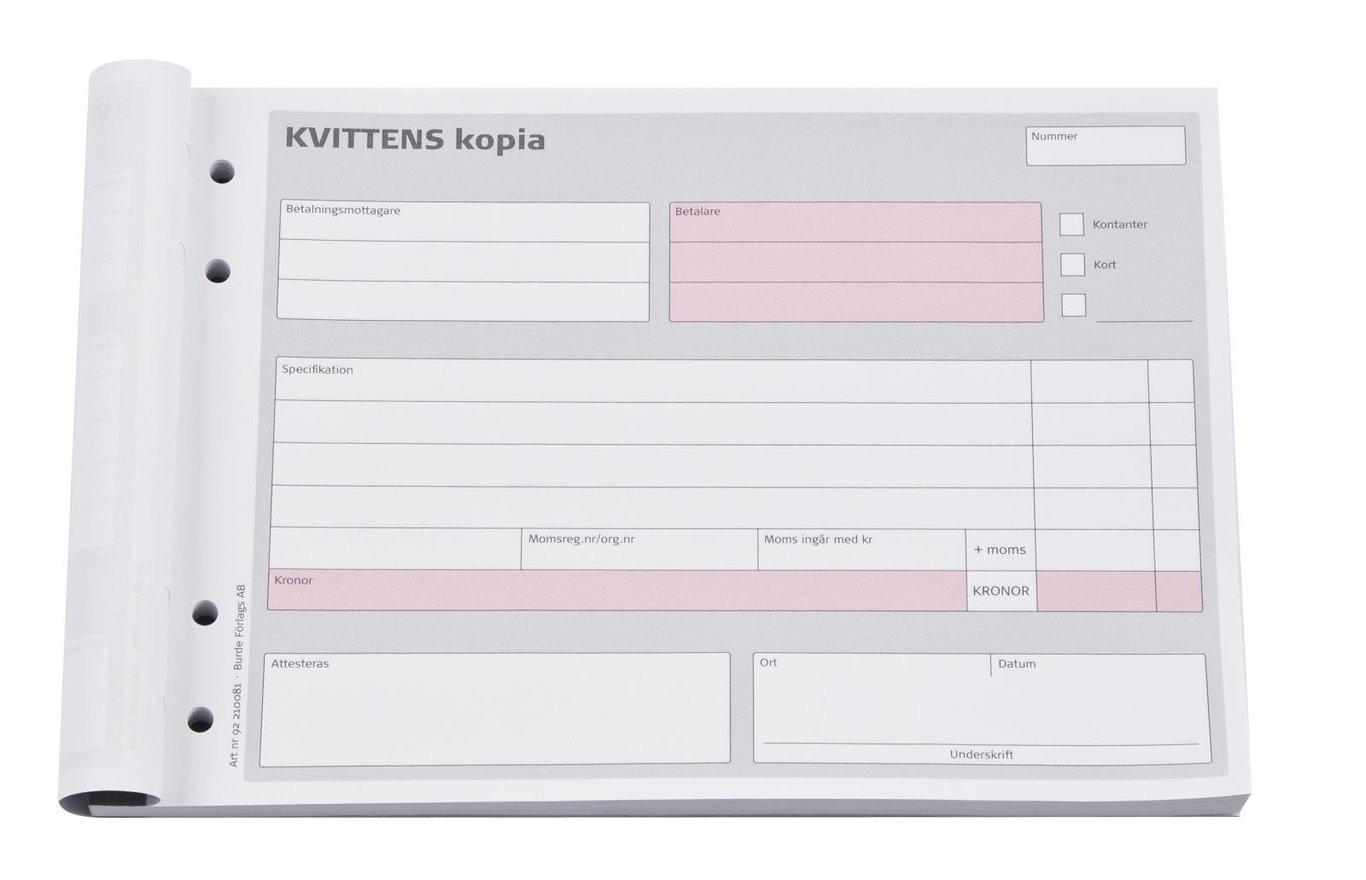 Kvittensblock med 50 sidor, kopierad A5-storlek, obumererad