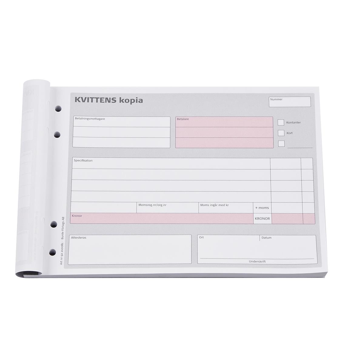 Kvittensblock med 50 sidor, kopierad A5-storlek, obumererad