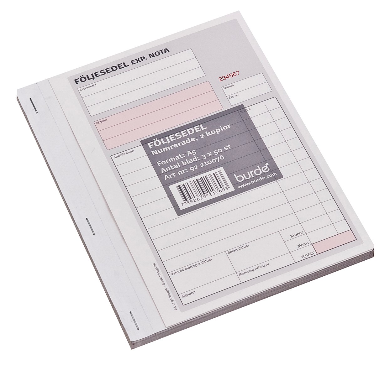 Följesedel med numrerade kopior i A5-format, två kopior, med streckkod och fält för noteringar