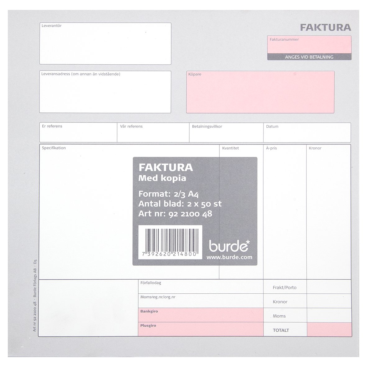 Fakturarablock med 50 ospecificerade sidor i A4-format, kopierad, med streckkod och rosa markering