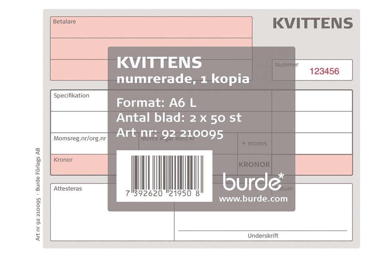 Kvittensblock med 50 numrerade sidor i A6L format, kopia