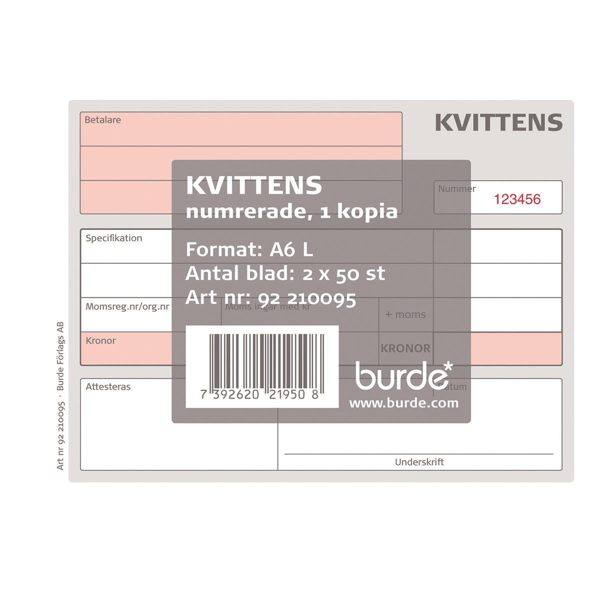 Kvittensblock med 50 numrerade sidor i A6L format, kopia