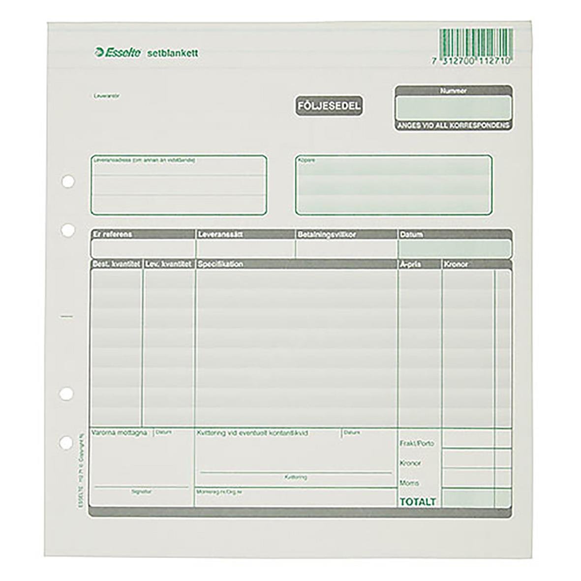 Följesedel på 2/3 A4 med 3x100 rader för varor och mottagare, med fält för referens, leverans, datum och total.
