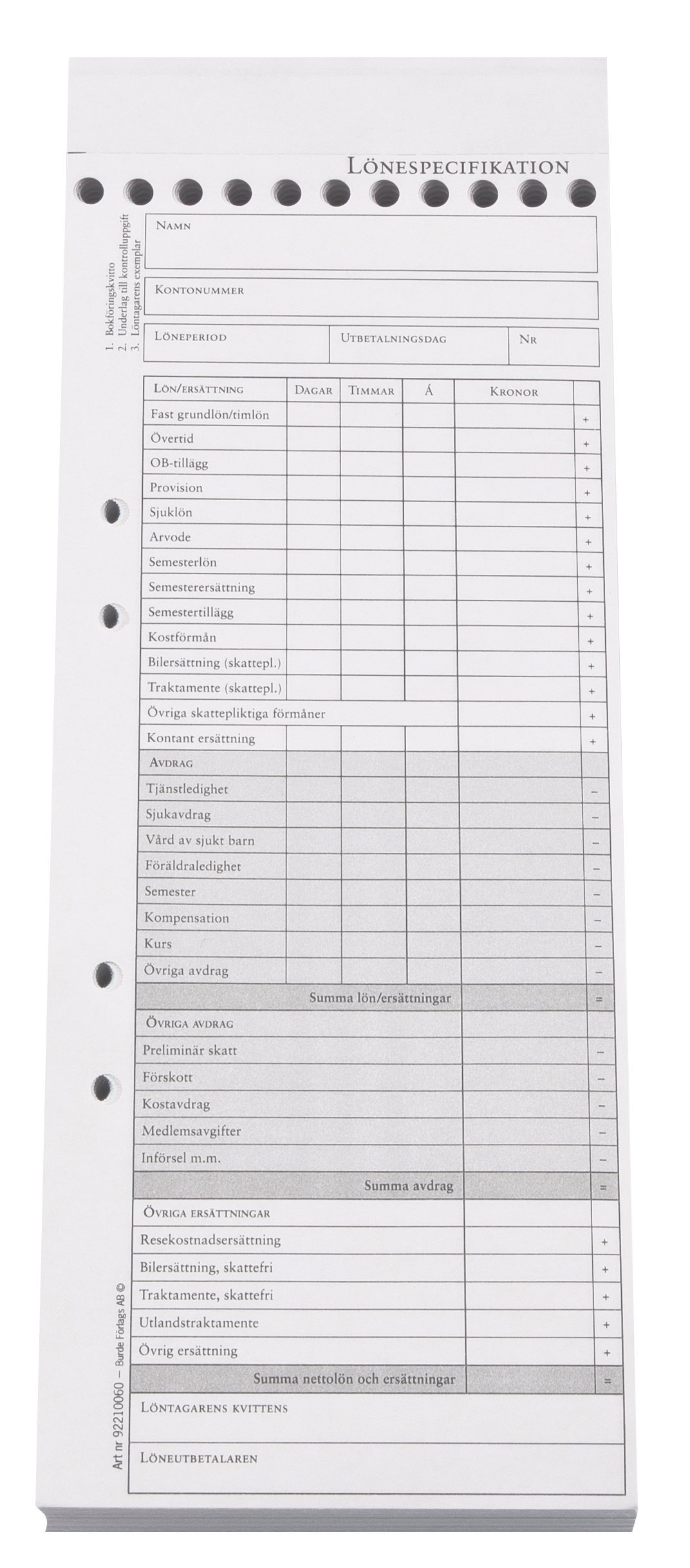 Blankett Lönespecifikation Med 2 Kopior 105x260mm