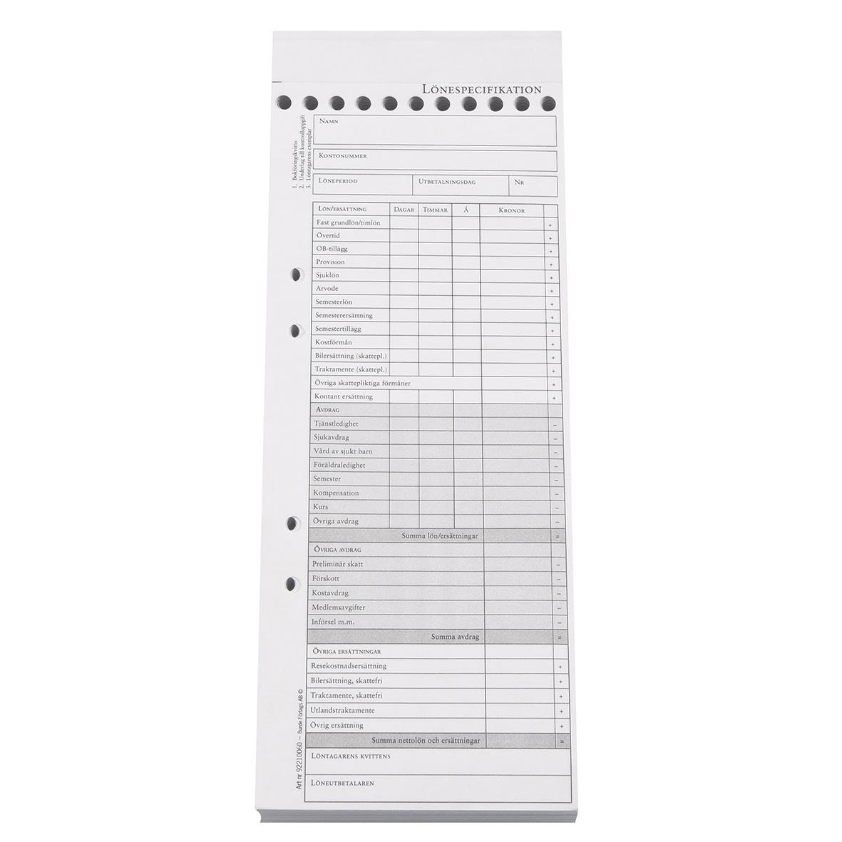 Blankett för lönespecifikation med två kopior, 105x260mm, innehåller fält för namn, kontonummer, lönedetaljer och avdrag