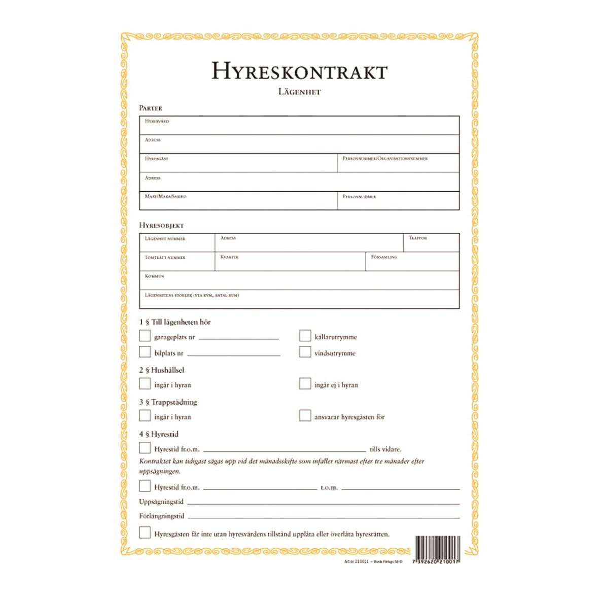 Blankett för hyreskontrakt för lägenhet med kopia A4, inklusive sektioner för partuppgifter, hyresobjekt, tillbehör, hushållsregler, trappstädning och hyrestid