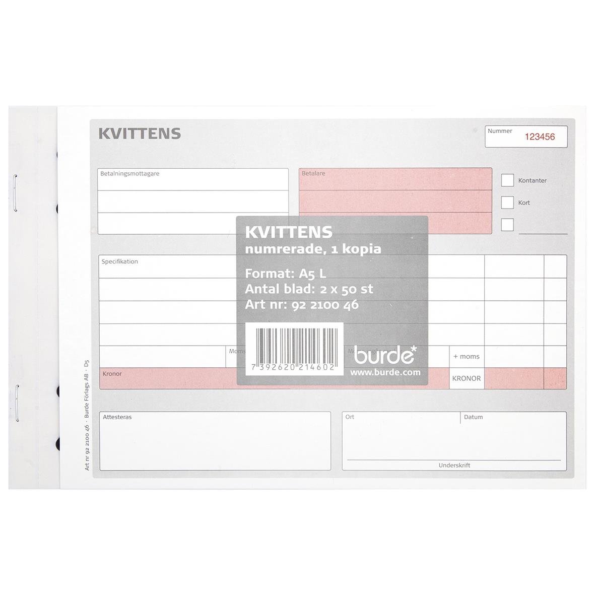 Kvittensblock med 50 numrerade sidor i A5-format, kopierad, med röd markering