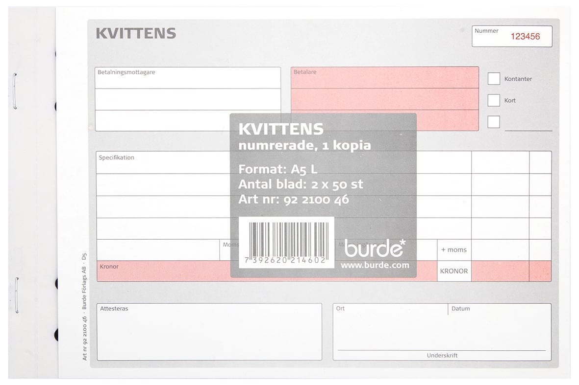 Kvittensblock med 50 numrerade sidor i A5-format, kopierad, med röd markering