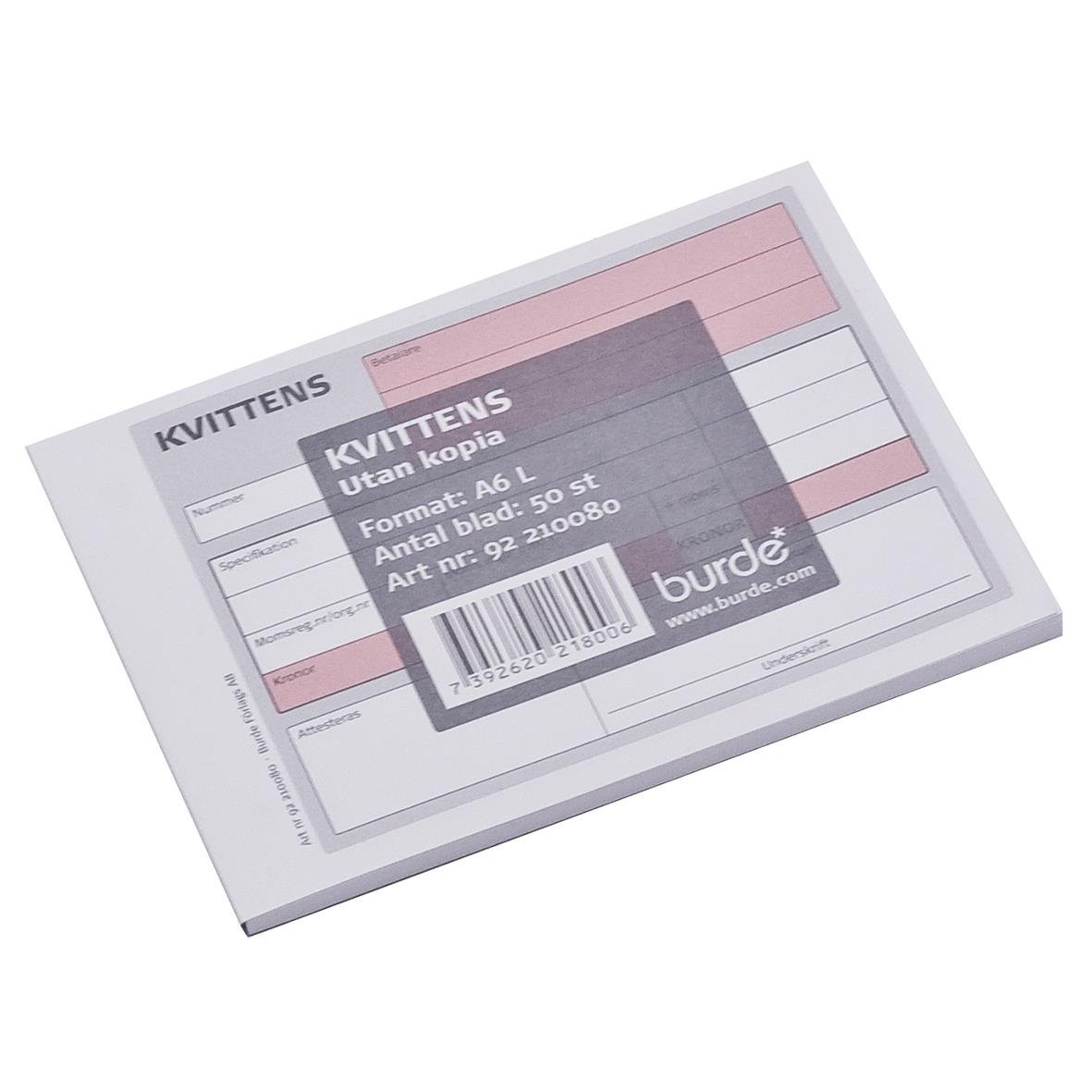 Onummererad kvittensblock med 50 sidor i A6-format utan kopia