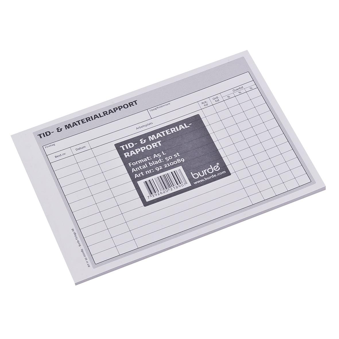 Tid & Materialrapport med 50 sidor i A5-format