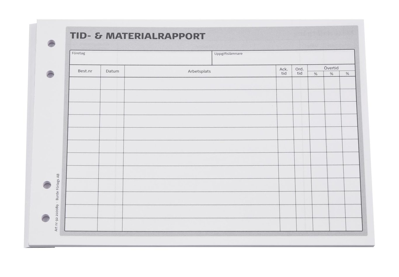 Tids- och materialrapport med 50 sidor i A5-format