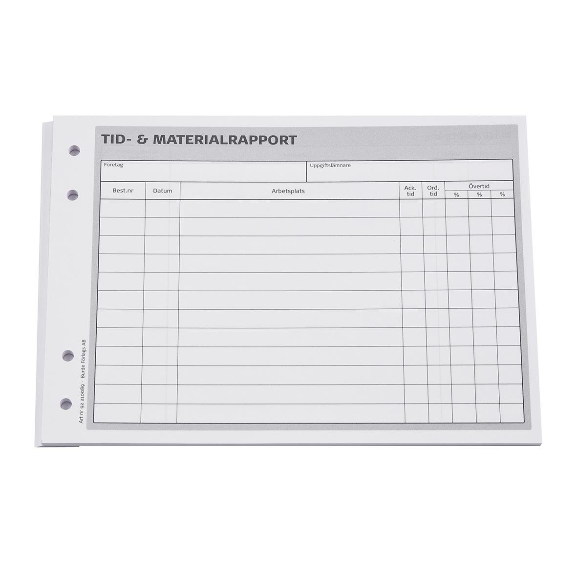 Tids- och materialrapport med 50 sidor i A5-format