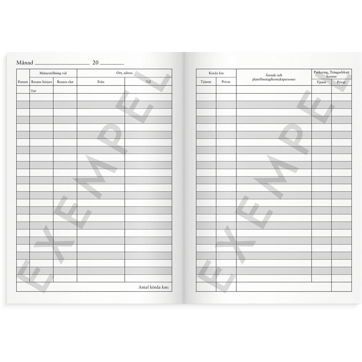 " i häfte med 32 sidor A5, tomma rader för registrering av körningar och information"