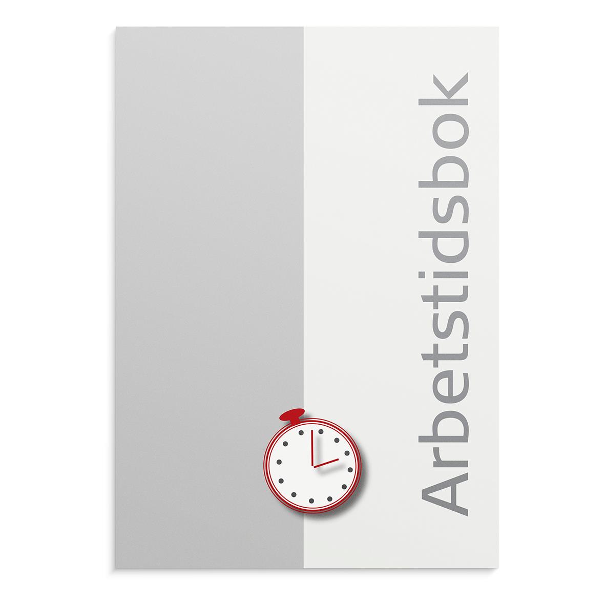 Arbetstidsbok med 32 sidor i A5-format, grå och vit design med klockillustration