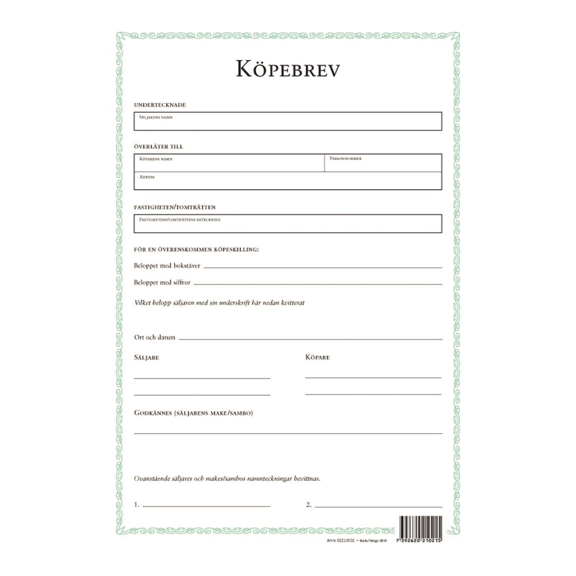 Blankett för köpebrev för fastighet eller tomträtt, A4-format, med fält för säljare, köpare, pris, datum och underskrifter.