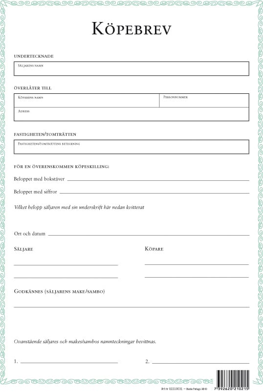 Blankett för köpebrev för fastighet eller tomträtt, A4-format, med fält för säljare, köpare, pris, datum och underskrifter.