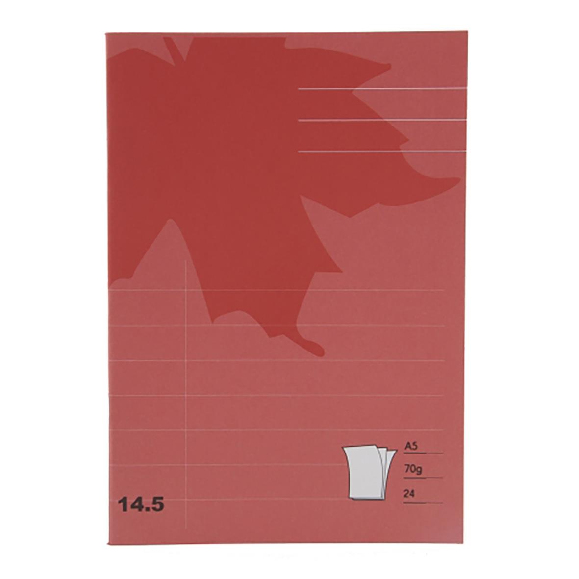 Rött linjerat skrivblock i A5-format med 70 grams papper och 24 linjerade blad