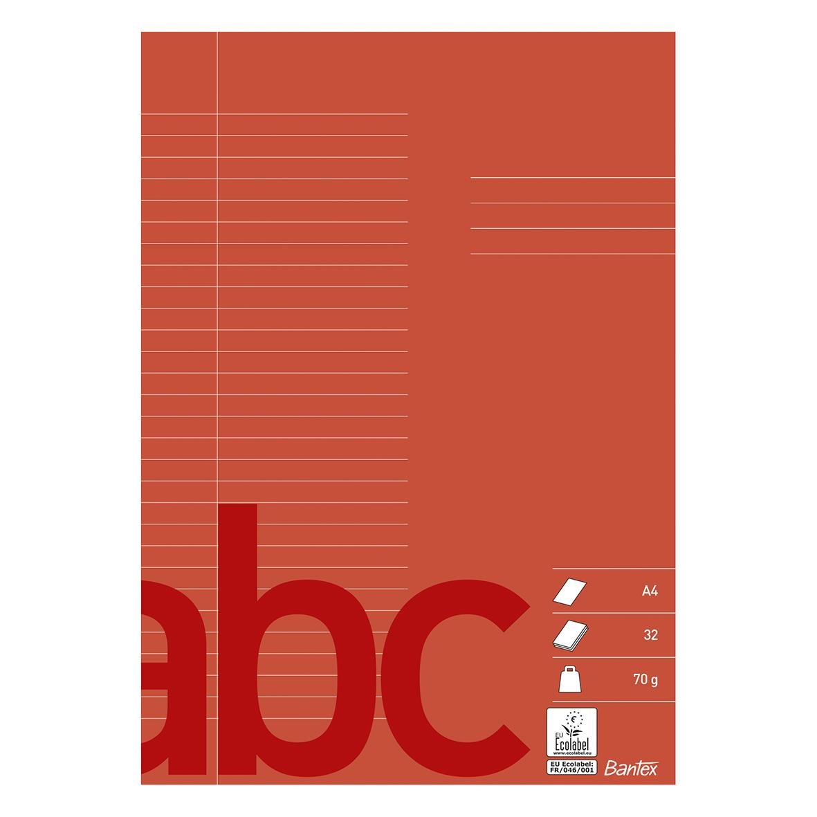 Rött skrivhäfte med linjerade sidor, A4, 32 blad, 70g papper