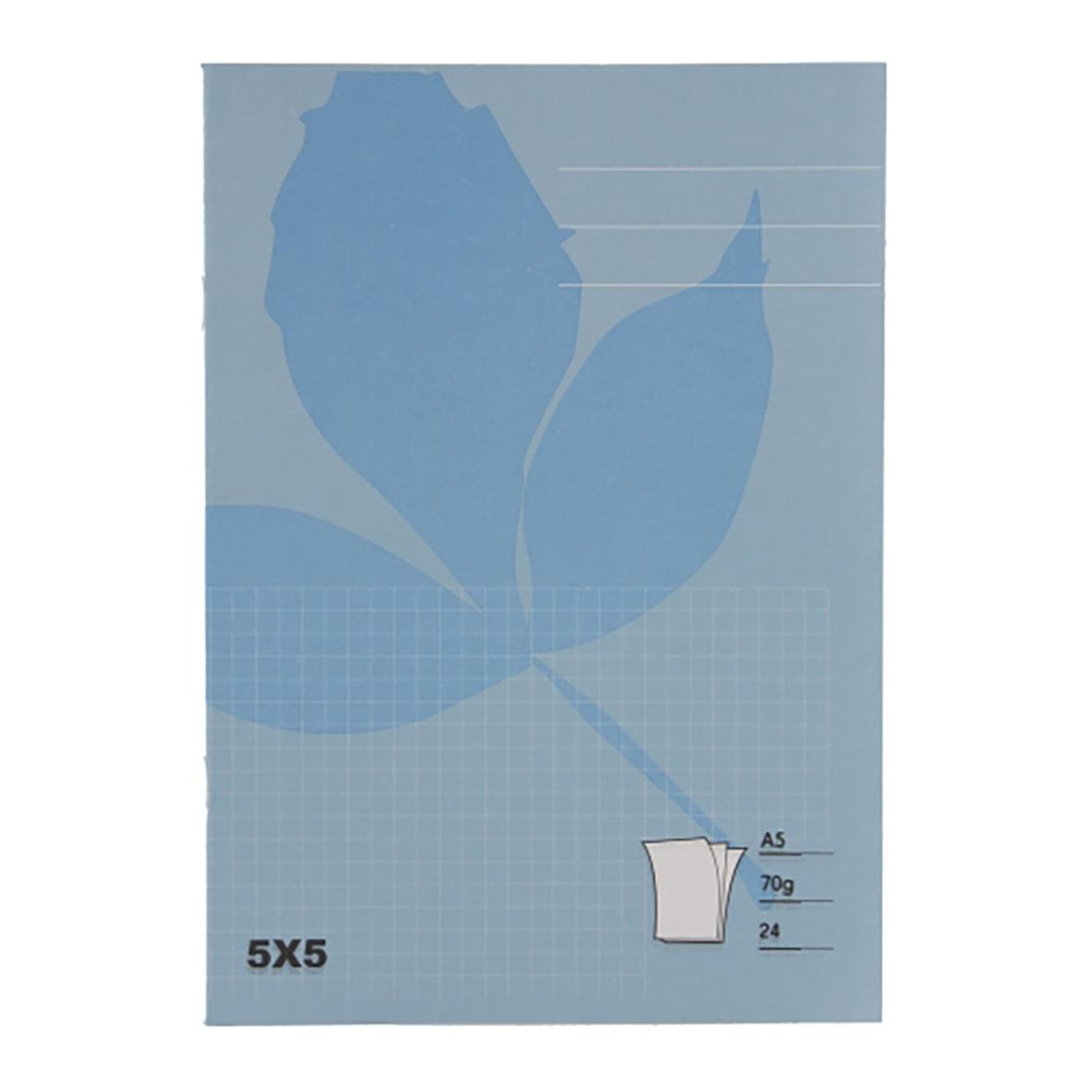 Blått rutat skrivhäfte i A5-format med 24 blad, 5x5 mm rutor och 70 g papper