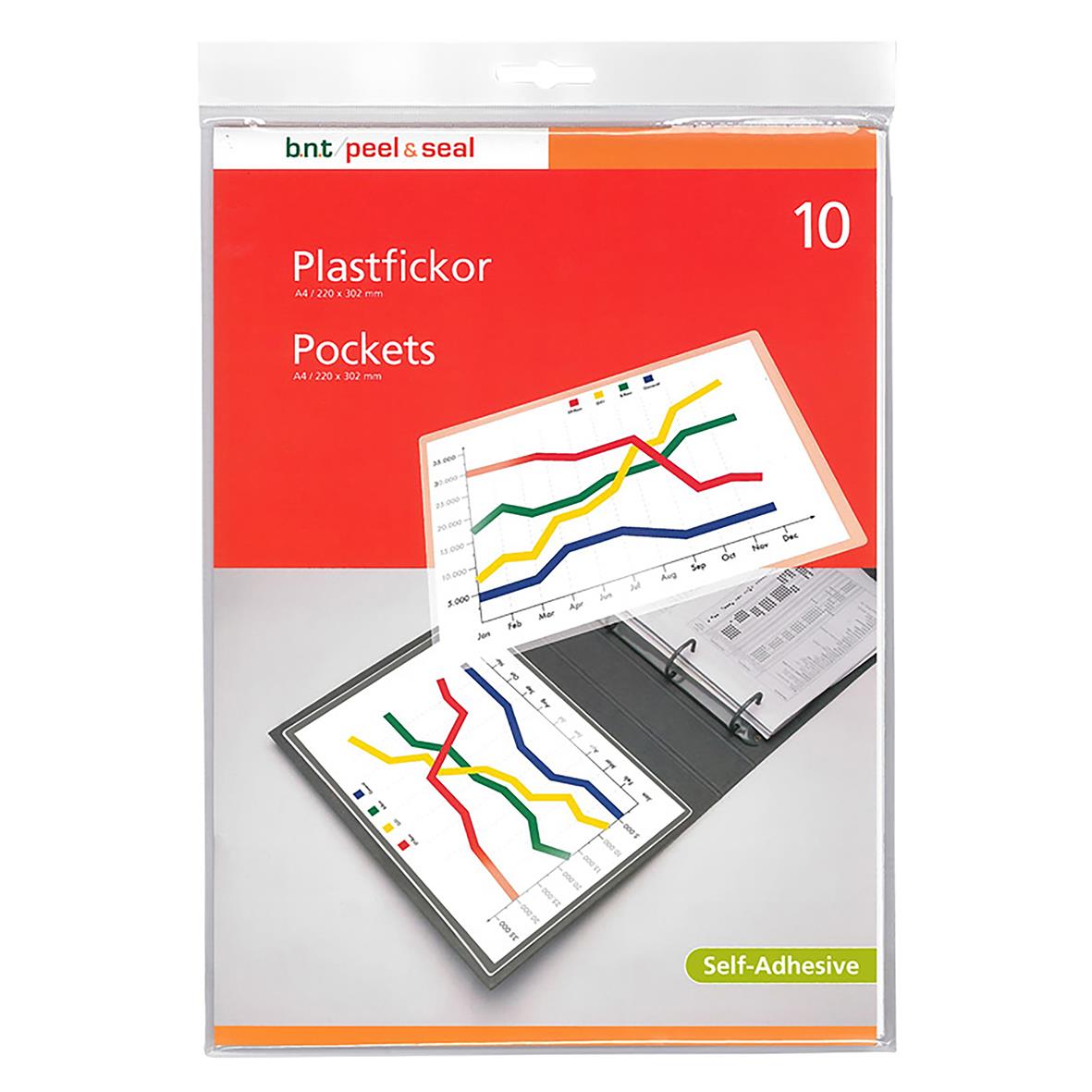 Plastfickor med självhäftande öppning på kortsidan för A4-ark, 10-pack