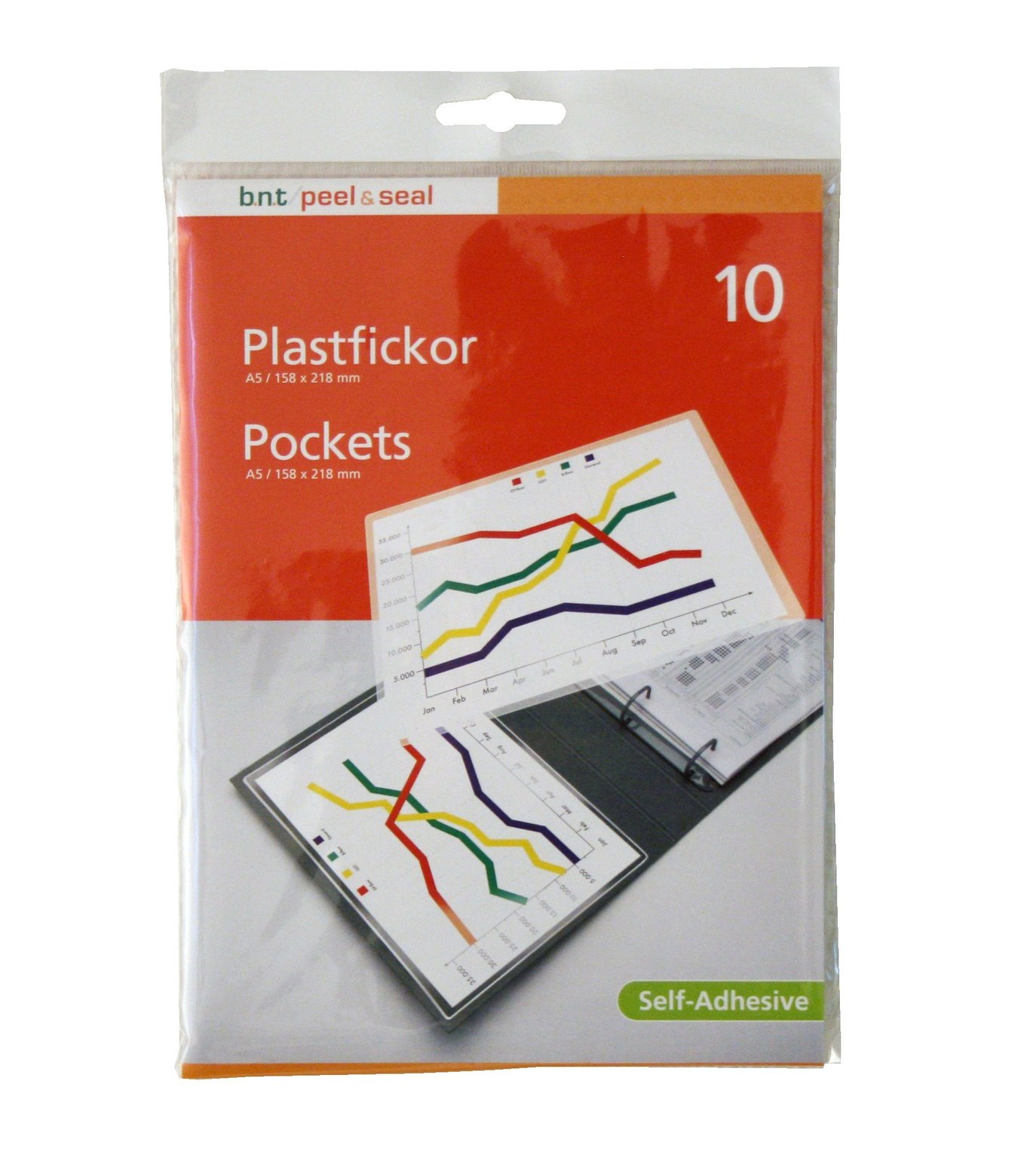 Pack med 10 självhäftande plastfickor för A5-format med öppning på kortsidan