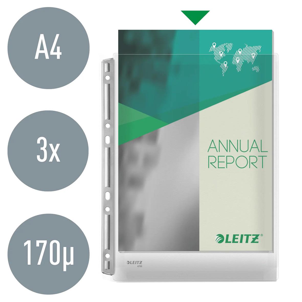 Klar expanderbar plastficka Leitz för A4-dokument, med metallremsa och kapacitet upp till 170 µm.