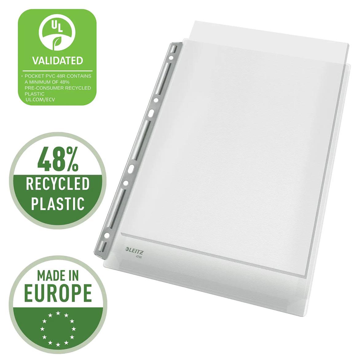 Klar expanderbar A4-plastficka från Leitz med metallremsa, tillverkad av 48 % återvunnen plast i Europa