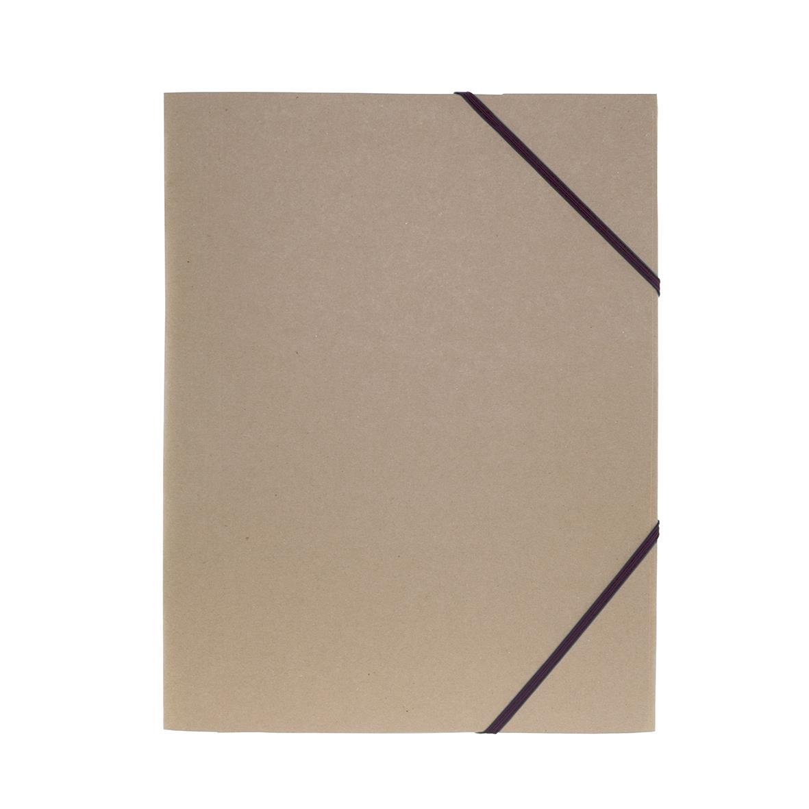 Pappmapp med tre klyftor i naturfärg, A4-storlek, med elastisk band