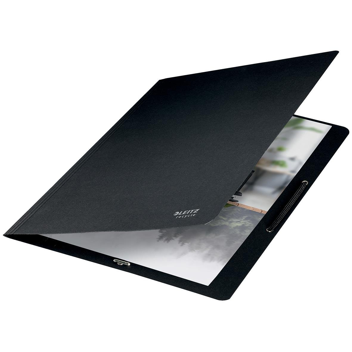 Svart Leitz Recycle kartong A4 snoddmapp med öppnad flik och papper inuti
