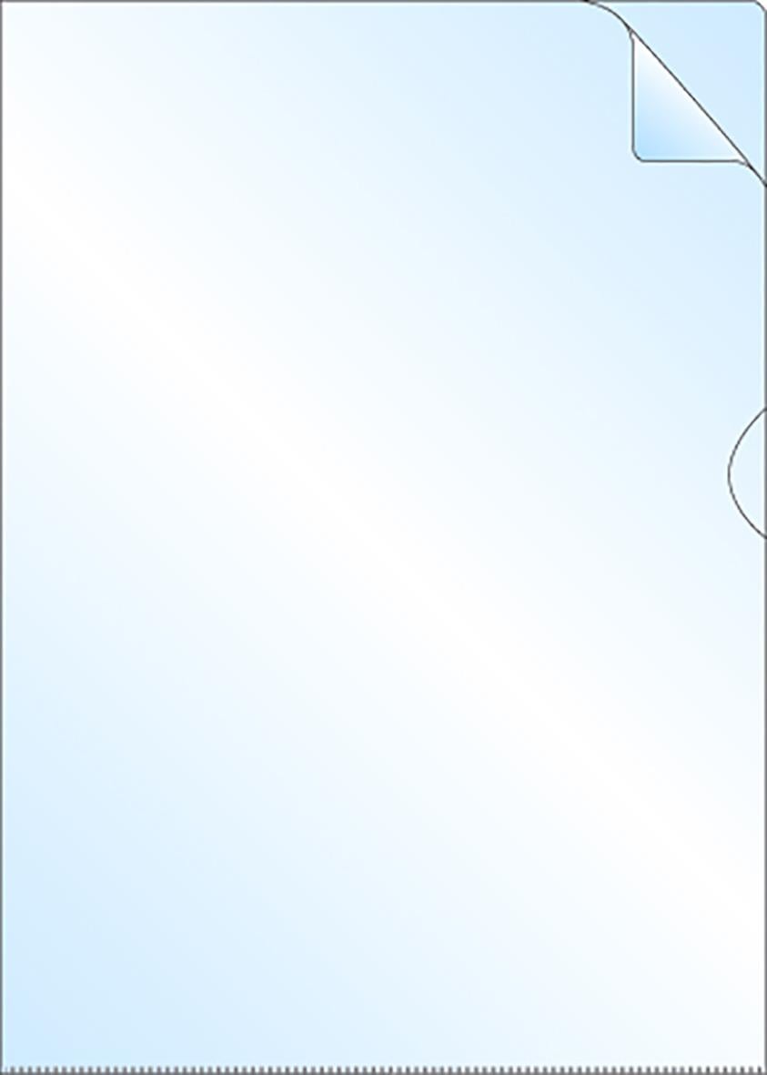 Klar aktmapp i A5 storlek av transparent plast med rundade hörn och vikning i övre högra hörnet