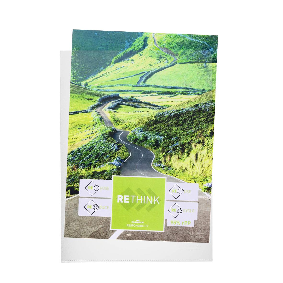 Transparent plastmapp i A4 storlek med grönt RETHINK-tryck och landskapsbild