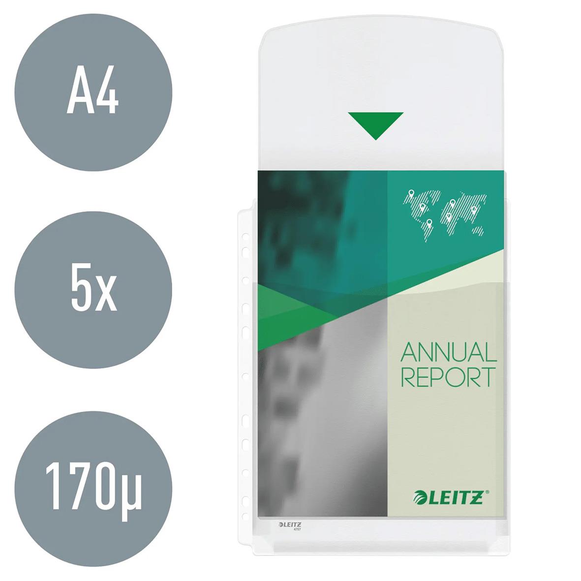 Klar expanderbar Leitz plastficka med flik i A4-format, 170 mikrometer, förpackning med 5 st