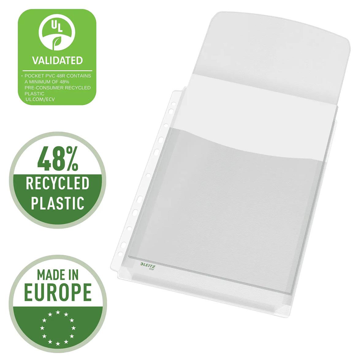 Klar expanderbar Leitz plastficka med flik för A4-dokument, tillverkad av 48 procent återvunnen plast