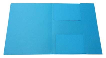 Blå A4-mapp med tre klaffar och fickor för dokument