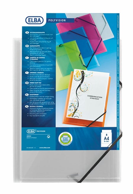 Transparent A4 snoddmapp från Elba med ficka i plast och elastisk snodd för att hålla dokument säkra