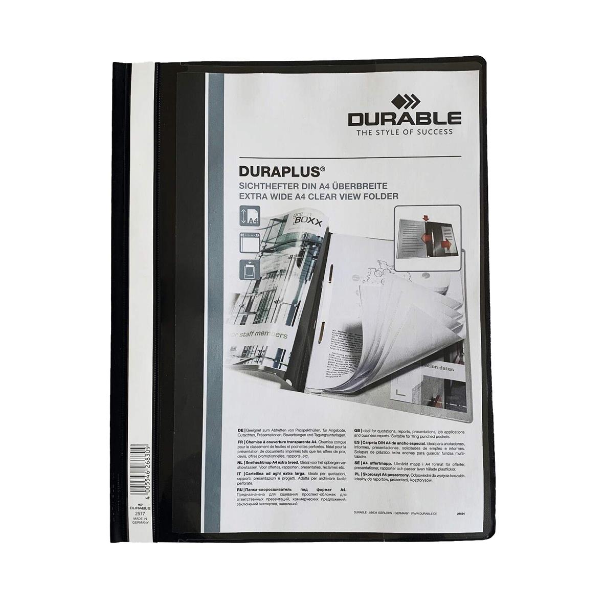 Durable Duraplus offertmapp med ficka för A4, extra bred och transparent, svart och vit design