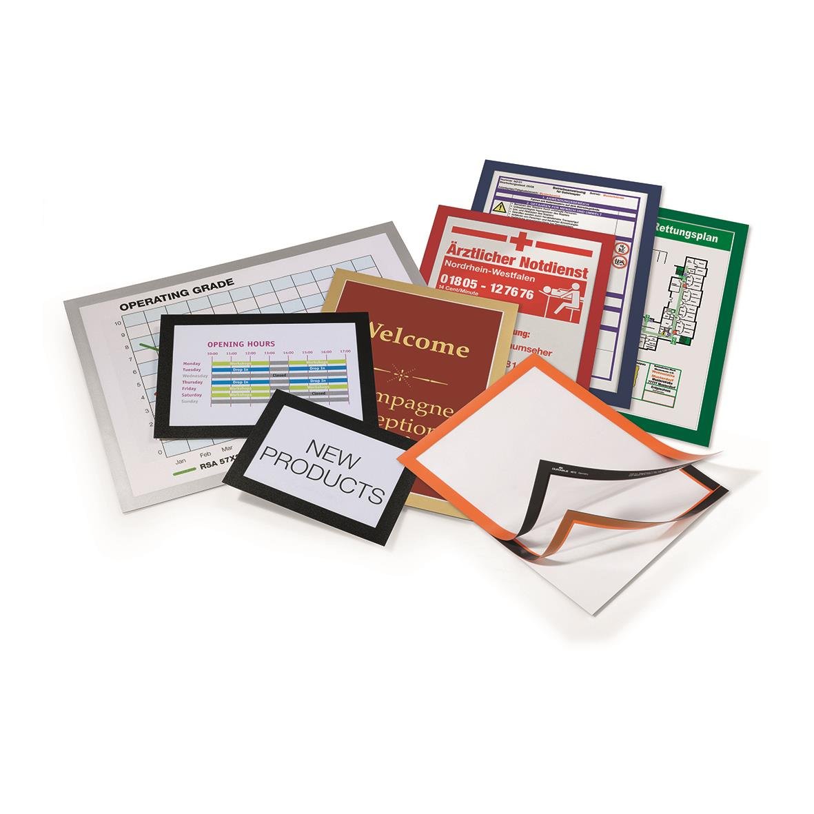 Svart självhäftande Duraframe för A4 med olika informations- och reklamskyltar