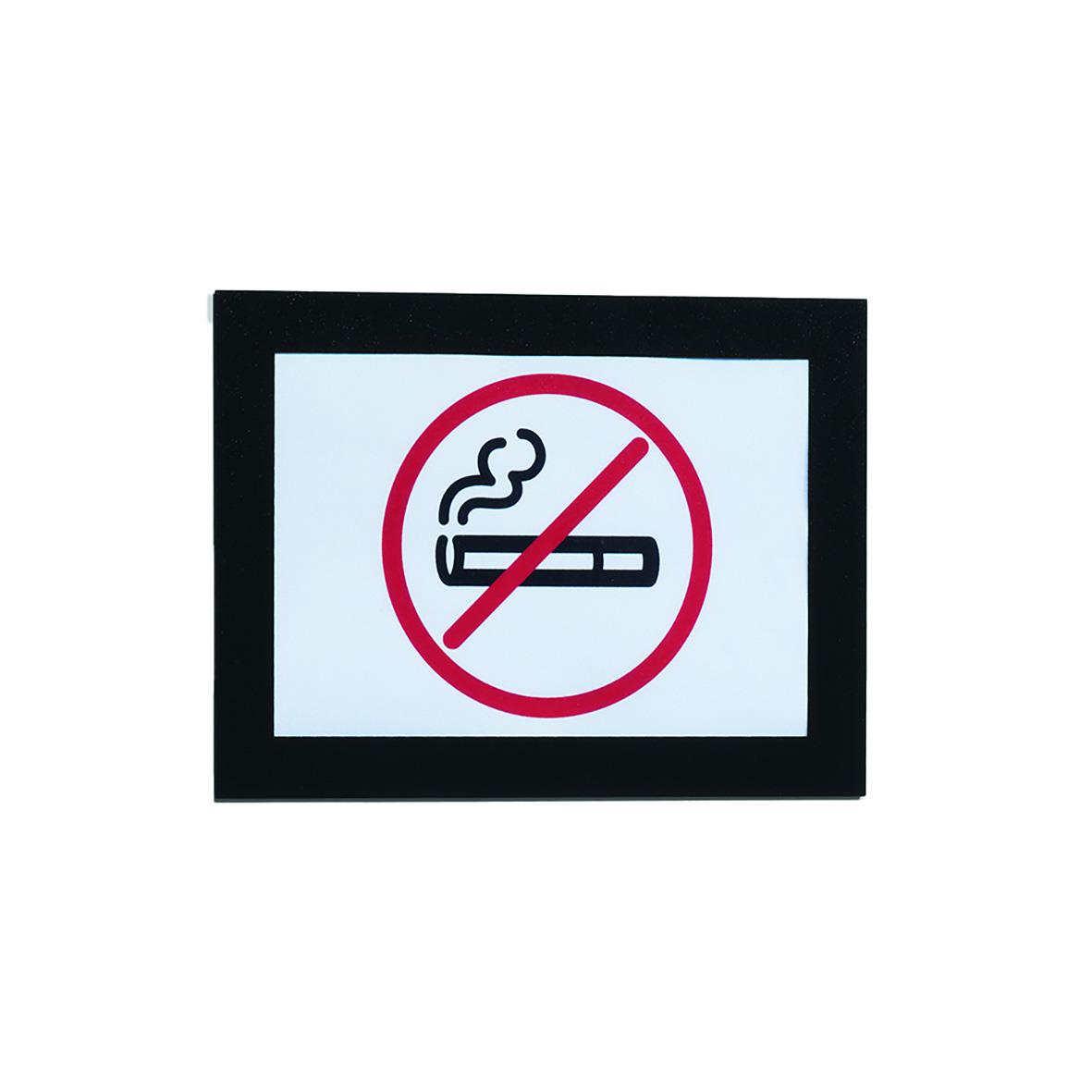 Svart självhäftande informationsram med rök- och cigarettförbudssymbol i A6-storlek