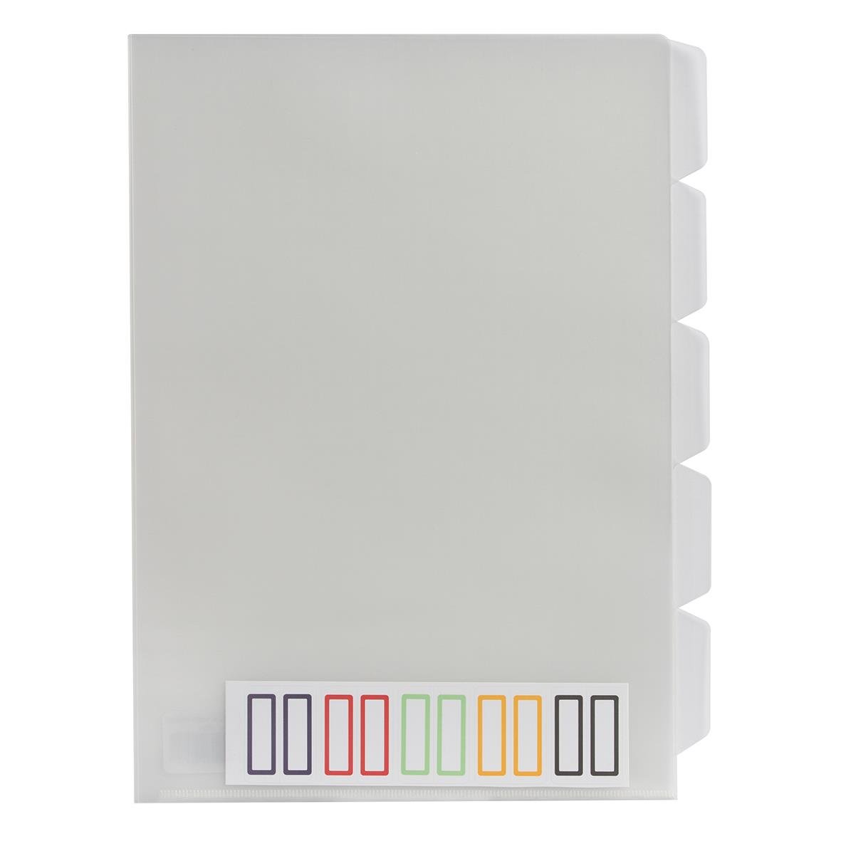 Transparant plastdokumentmapp med fem flikar i olika färger