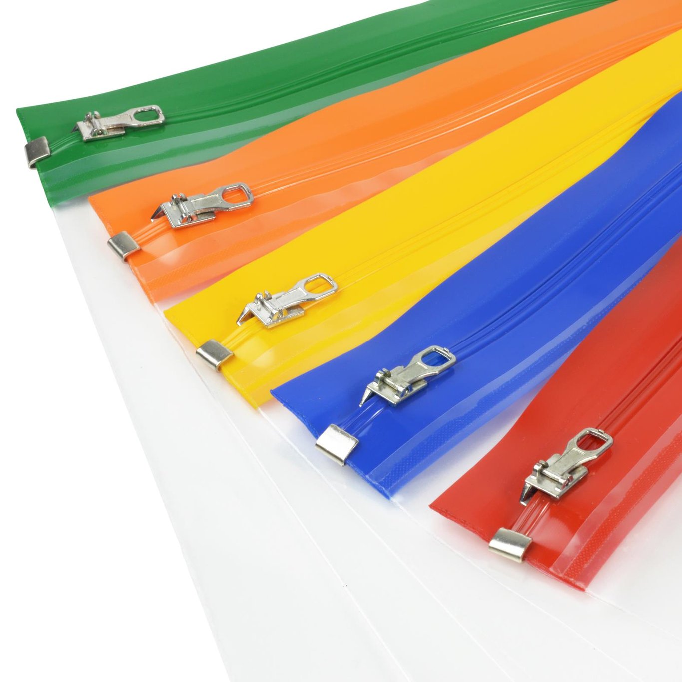 Färgglada zip-lock påsar i grönt, orange, gult, blått och rött för A5-storlek