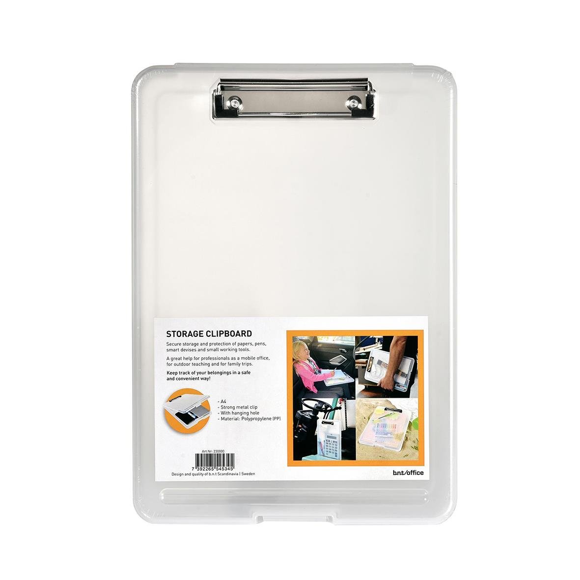 Transparent A4 skrivplatta med förvaringsfack och clipbord