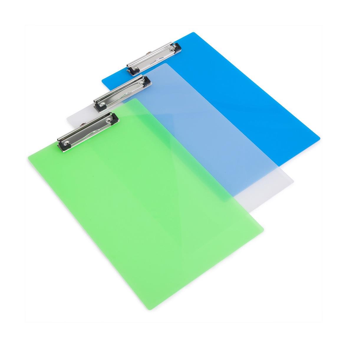 Tre färgade plast skrivplattor i A4 storlek med metallklämmor