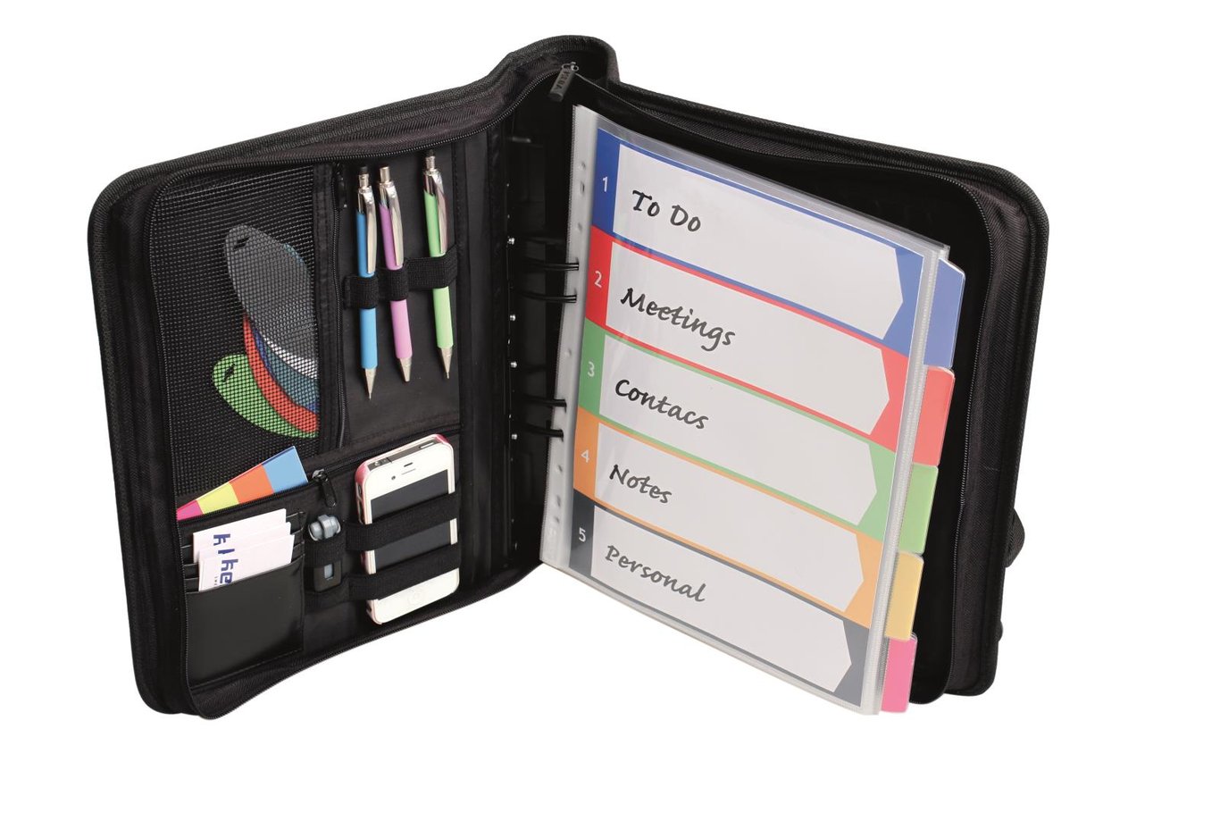 Svart pärmväska för möten och anteckningar med organiserade fack och A4+ papper