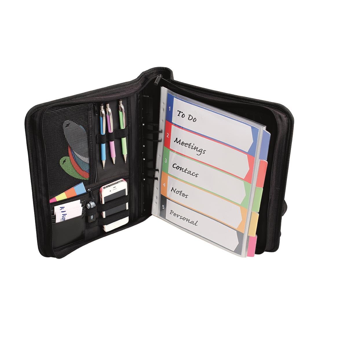 Svart pärmväska för möten och anteckningar med organiserade fack och A4+ papper