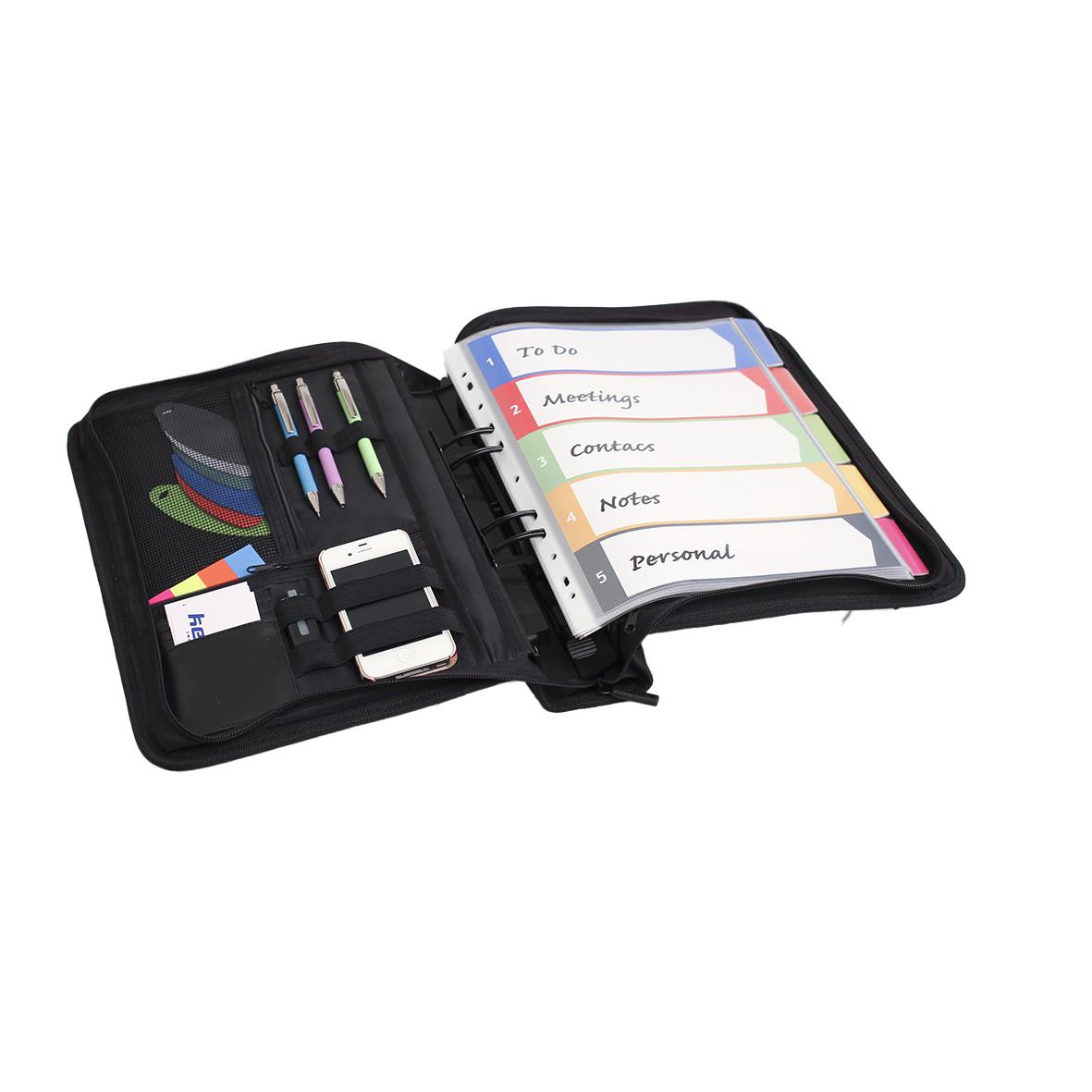 Svart pärmväska för mötesanteckningar och papper, A4+ storlek med pennor och tillbehör