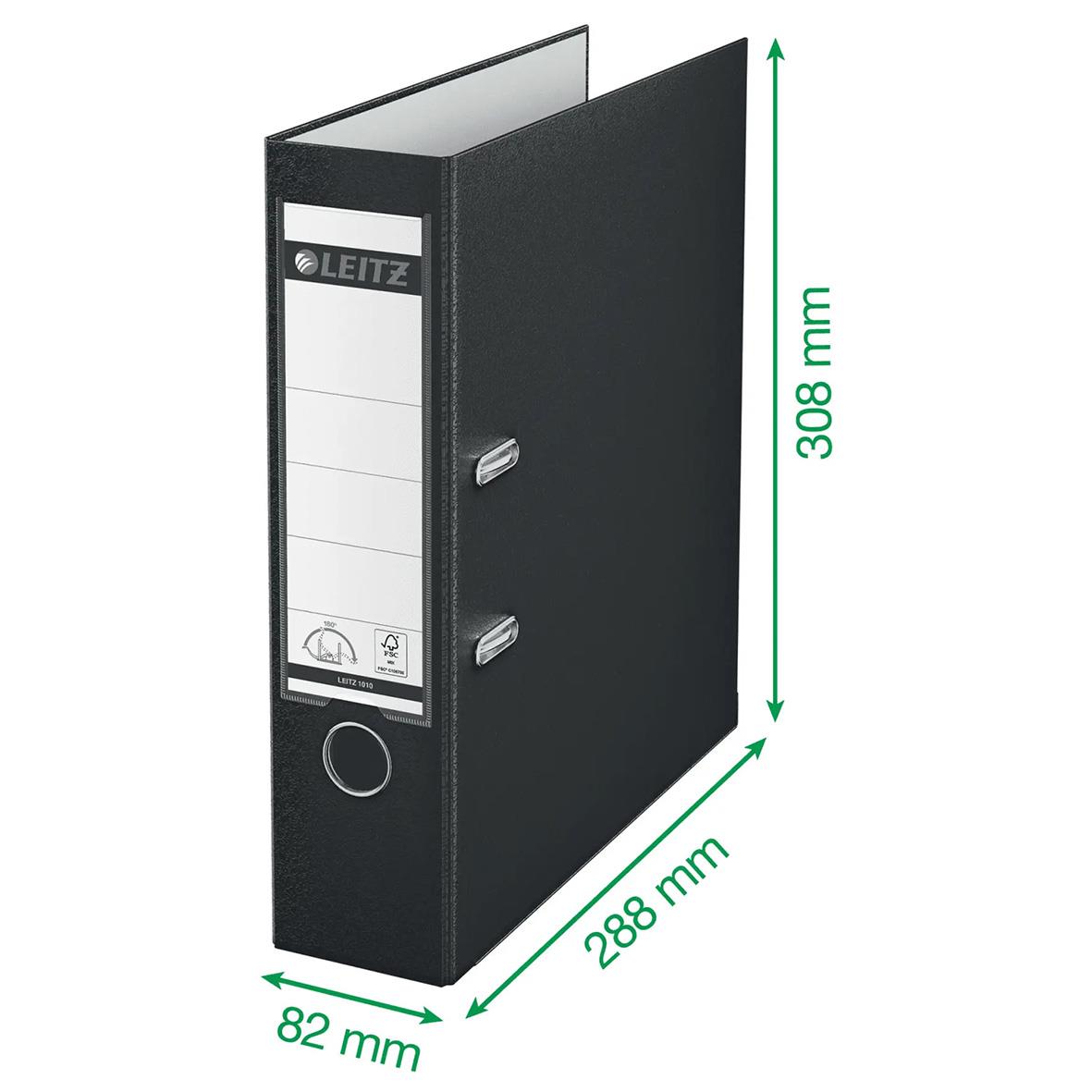 Svart Leitz LAF-pärm i A4-format med 80 mm rygg och mått 308 x 288 x 82 mm