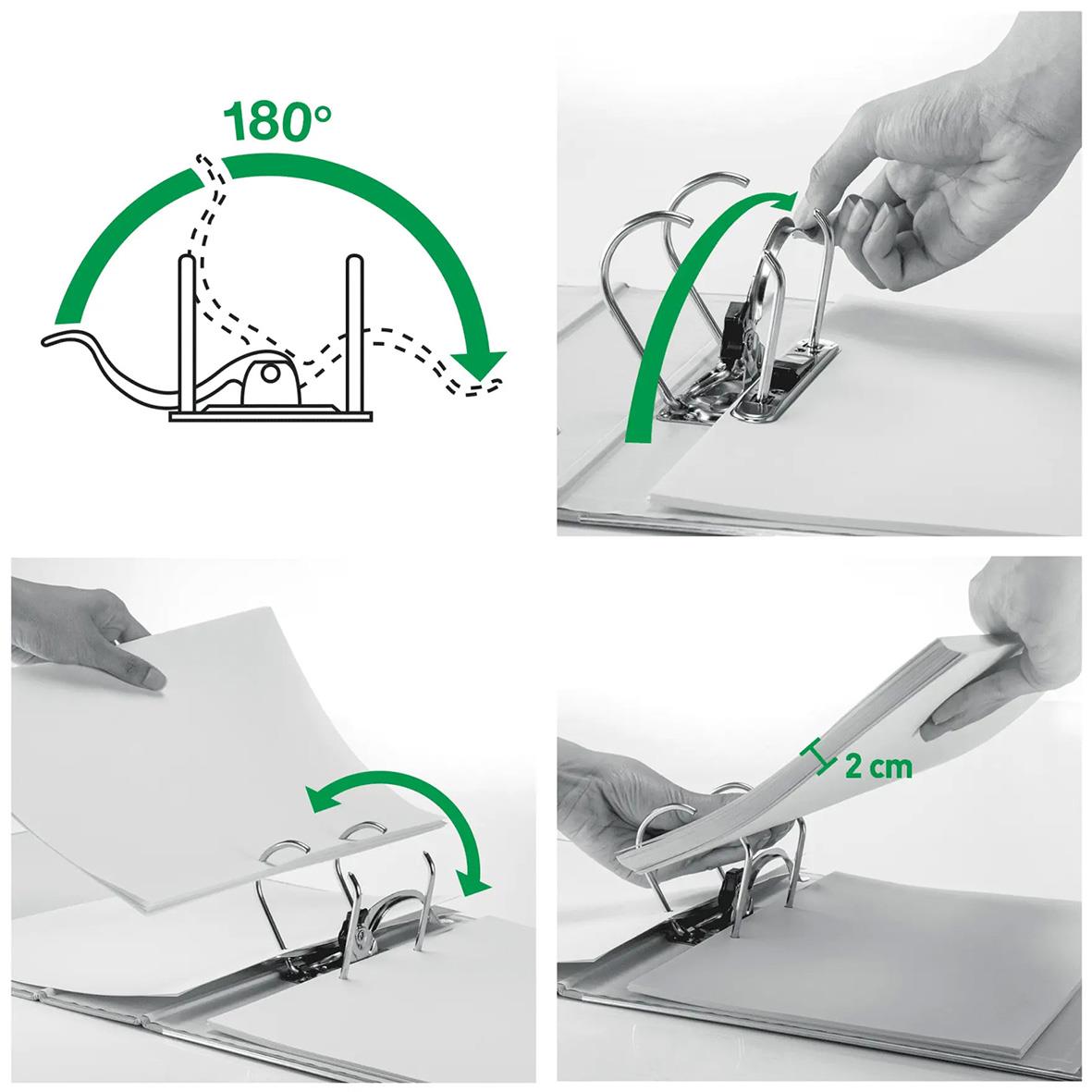 Illustration av Leitz LAF-pärm med 180° öppning, enkel pappersinsättning och 2 cm lyft för smidig dokumenthantering