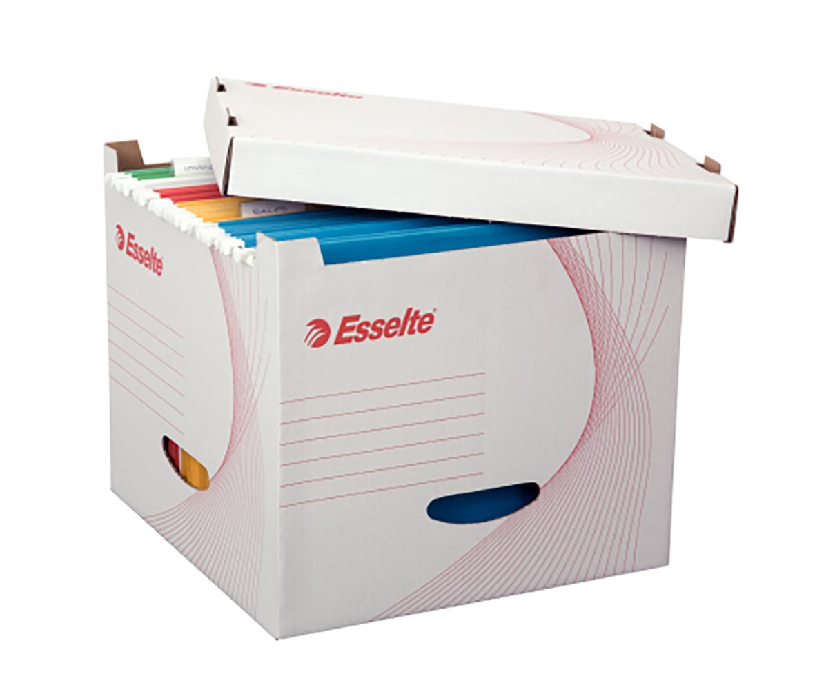 Arkivlåda Esselte för hängmappar i vit kartong med lock och handtag