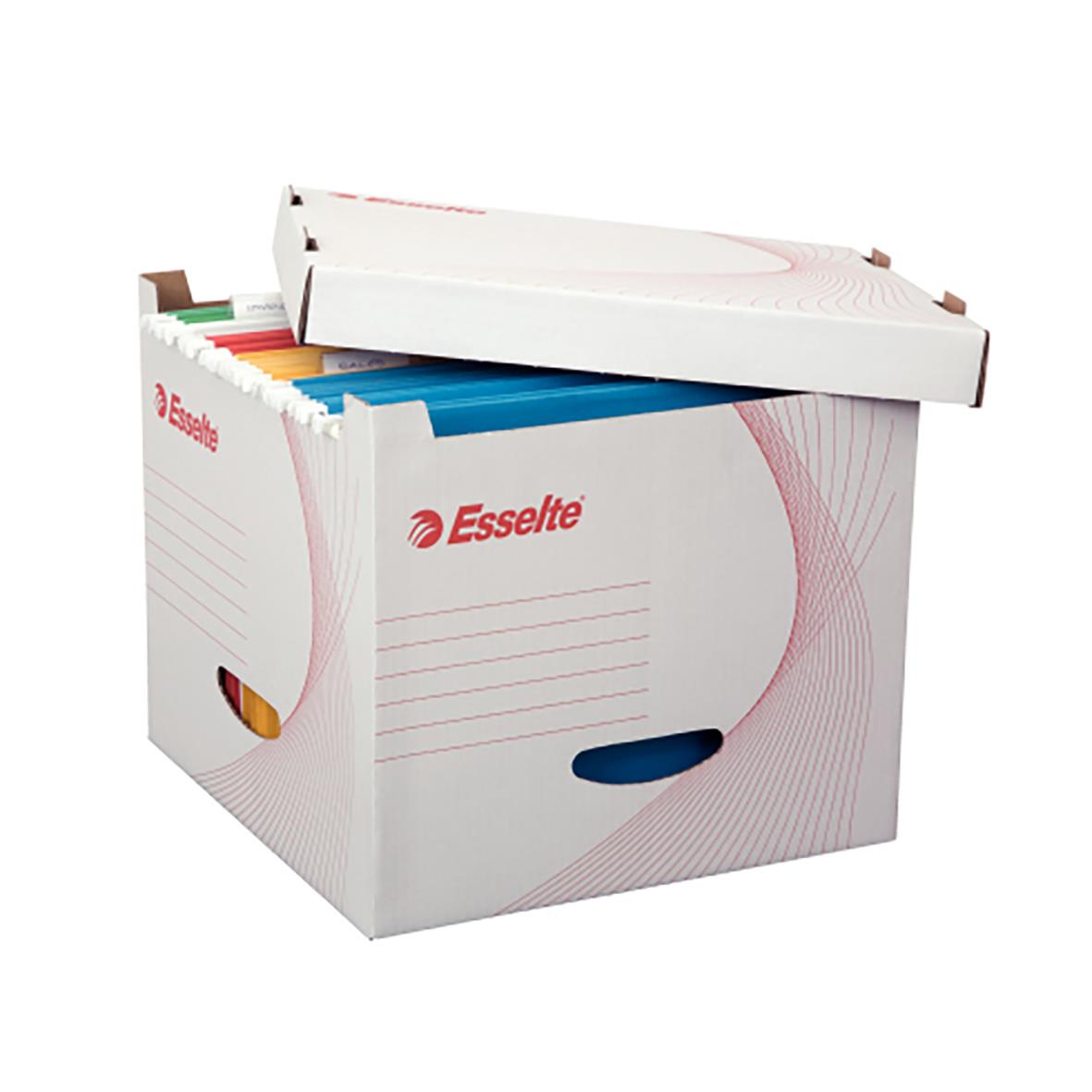 Arkivlåda Esselte för hängmappar i vit kartong med lock och handtag